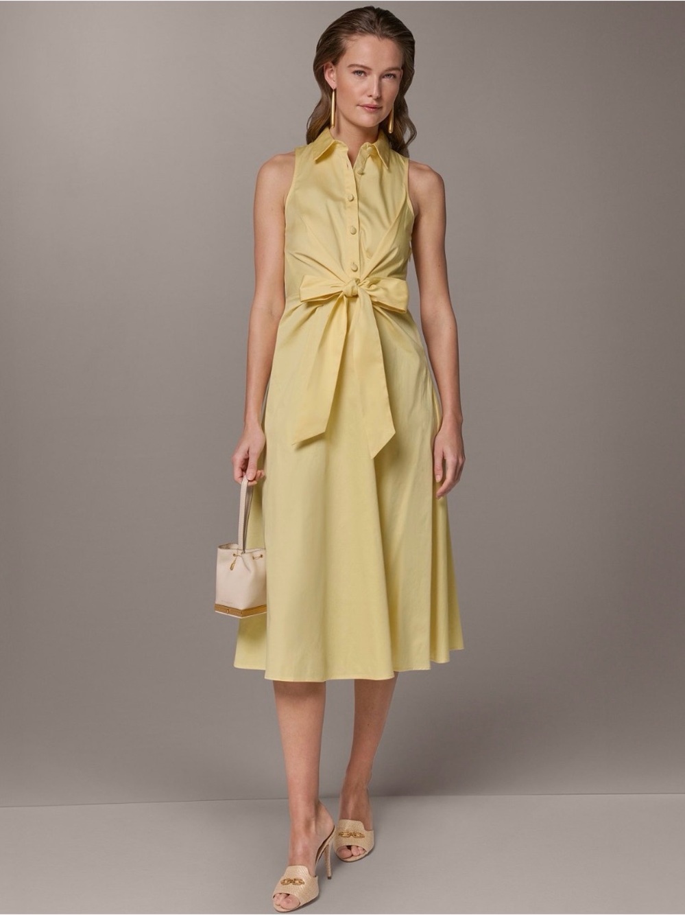 Donna Karan Shirt Midi Dress with Waist Bow Tie. Size 10. Panna Cotta. $189